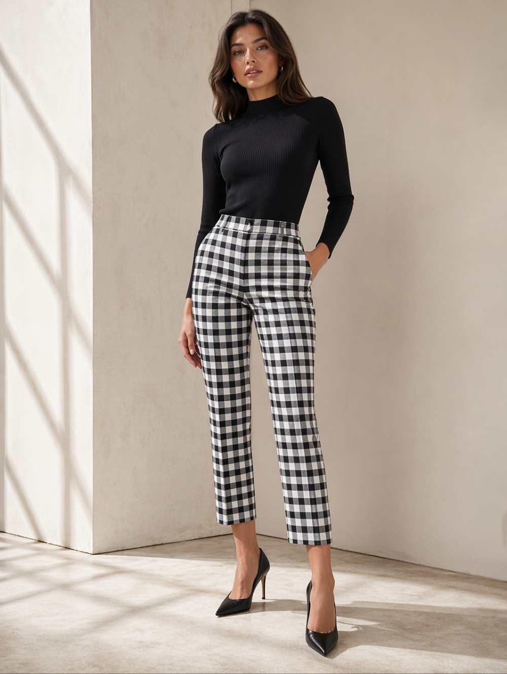 Ann Taylor Devin Fit Cropped Pants Black White Gingham Plaid Slim Ankle Chic
